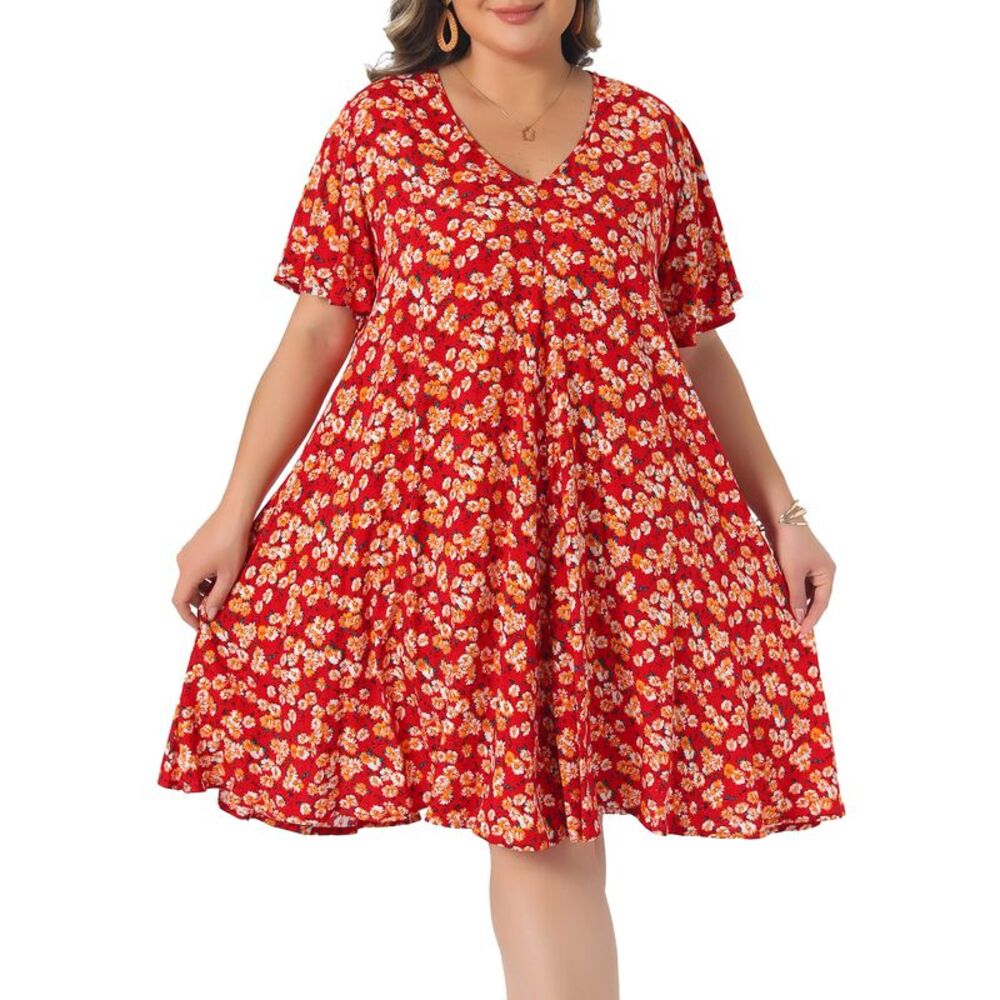 Women Plus Size Sundress V Neck Floral with Pockets Dress Red